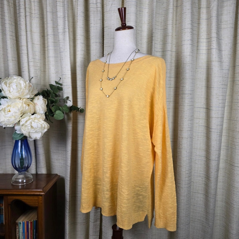 Eileen Fisher Linen Sweater Tunic 3X Boat Neck Yellow Long Sleeve‎ Coastal Flowy